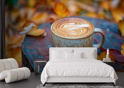 Pumpkin spice latte art with autumn leaves Wall mural