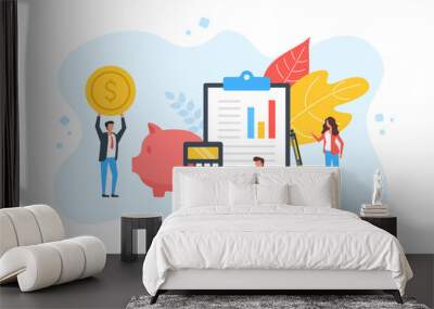 Savings. Group of people and piggy bank, clipboard with financial document, gold coin. Happy people. Investing, finance, economy, loan, budget planning concept. Modern flat design. Vector illustration Wall mural