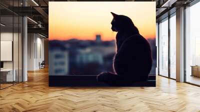 Silhouette of cat sitting near window Wall mural