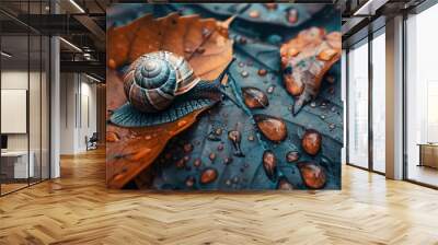 Snail on damp autumn leaf. Snail macro Wall mural