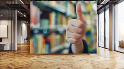 Thumbs up sign. Woman's hand shows like gesture. Library background Wall mural