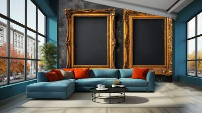 Two gold picture frames on black background Wall mural