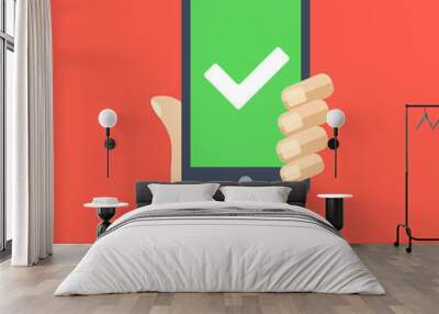 White checkmark on green smartphone screen. Flat design vector illustration Wall mural