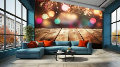 Wooden table top with fireworks background Wall mural