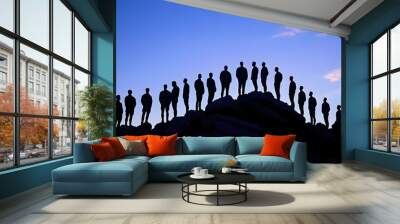 Labor Day Team Solidarity, Silhouetted Men on Rocks, Dusk Sky Harmony, Corporate Culture Conceptual Art Wall mural