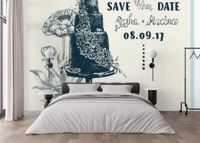 Ink sketch of wedding cake with floral decoration Wall mural