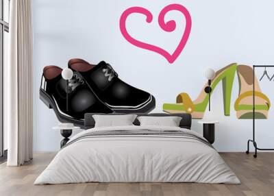 Pair of man and woman shoes and heart, vector. Wall mural