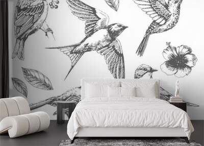 Set of  of birds and flowers Wall mural