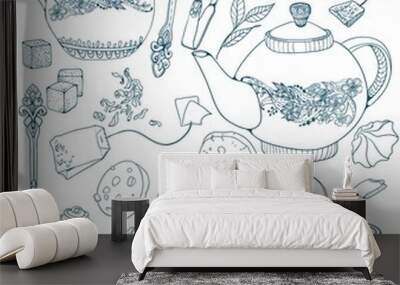 tea time illustration with flowers Wall mural