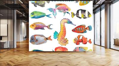 watercolor sea life, fish, sea horse, beautiful collection Wall mural