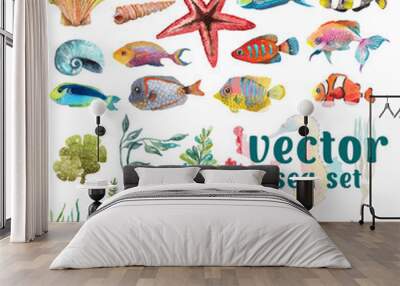 watercolor sea life, seaweed, shell, fish, sea horse, beautiful collection for design Wall mural