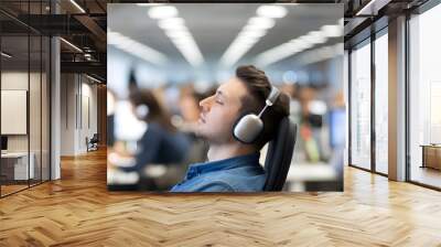 Man wearing noise-canceling headphones, focused and relaxed in a busy office environment, symbolizing the concept of noise cancellation and productivity enhancement. Wall mural