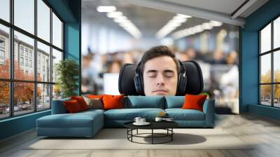 Man wearing noise-canceling headphones, focused and relaxed in a busy office environment, symbolizing the concept of noise cancellation and productivity enhancement. Wall mural