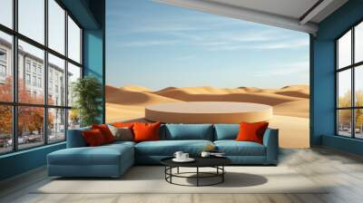 Mockup white podium for product presentation on  desert dune with  blue sky Wall mural