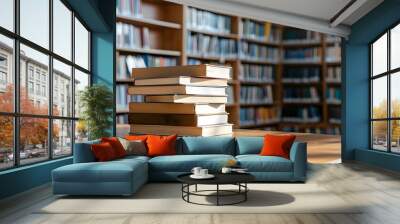 Pristine Textbook Stack on Library Table, Embodiment of Untapped Knowledge Awaiting Exploration Wall mural