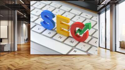 SEO symbol  on the keyboard of a latop, 3d rendering,conceptual image. online  search concepts. Wall mural