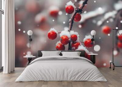 Snow falling on red berries in winter garden hd phone wallpaper Wall mural