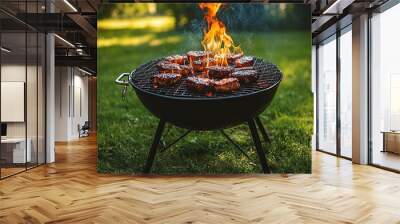 A charcoal grill with flames licking up the sides as it cooks juicy burgers on a sunny day Wall mural