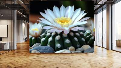 A delicate white flower with a yellow center blooms on a prickly green cactus nestled amongst smooth grey stones. Wall mural