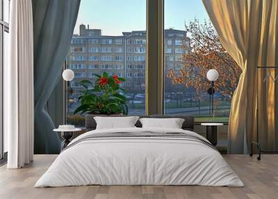 A potted plant with red flowers sits on a window sill, framed by sheer curtains, with the sun shining through the window and illuminating the cityscape behind it. Wall mural