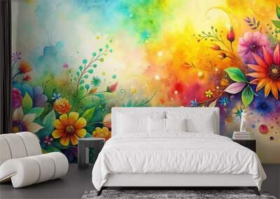 Abstract watercolor grunge background with colorful floral elements for design projects Wall mural