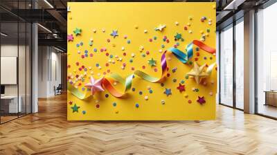 Colorful ribbons with paper stars and confetti on yellow background, colorful, ribbons, paper stars, confetti Wall mural