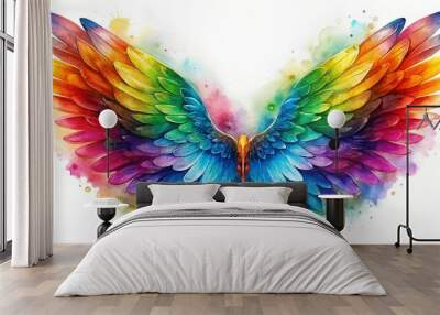 Colorful watercolor wings spread out in a vibrant rainbow pattern Wall mural