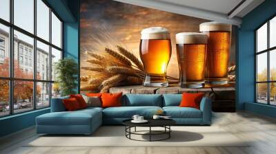 Cooled glasses of beer on rustic wooden cask with wheat ears Wall mural