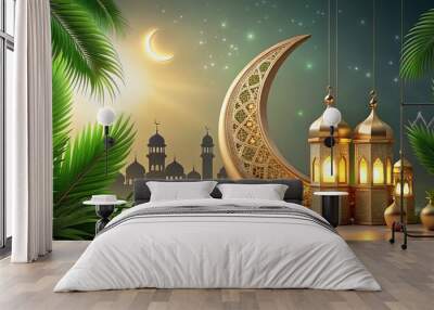 Crescent moon, mosque, lantern, Islamic patterns, tropical leaves for Ramadan Kareem Wall mural