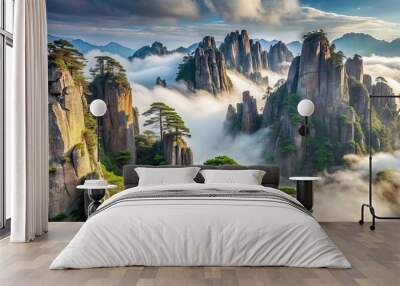 Majestic granite peaks and pine trees shrouded in mist on Huangshan, Anhui, China, Huangshan, Yellow Mountain, Anhui Wall mural