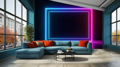 Neon two tone square rectangle picture frame with blue and pink light motion graphic on black background Wall mural