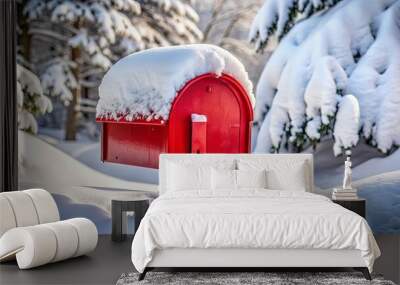 Red mailbox buried under a blanket of snow in a winter wonderland Wall mural