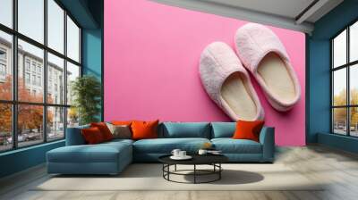 Soft pair of slippers on pink background Wall mural