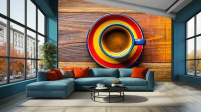 Top view of colorful Colombian coffee cup on table with yellow, blue, and red colors Wall mural