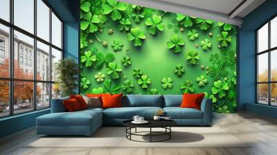 Various sizes and shapes of clovers and shamrocks in a green, lucky Irish theme Wall mural