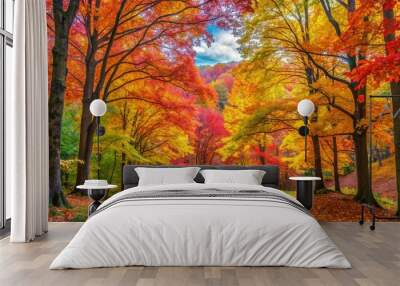 Vibrant autumn forest with colorful leaves, trees, and peaceful atmosphere Wall mural