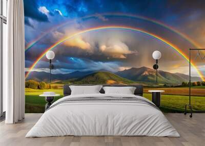 Vibrant double rainbow casting over mountains and fields creating a stunning landscape Wall mural