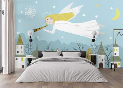 Vector scene with the angel flies over the city. Easter Eve. Hand drawn illustration. Wall mural