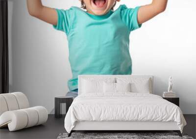 Young boy jumping with joy in green mint t-shirt and blue jeans isolated on transparent background



 Wall mural