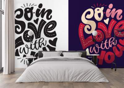 Hand drawn Valentines Day lettering typography text, badge,icon.  Holiday calligraphy with hearts. 100% vector image Wall mural