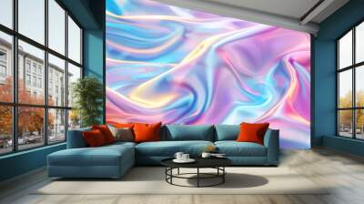 3D render of a colorful iridescent holographic background. Colorful abstract fluid liquid waves with a hologram effect, holography, a shiny wavy cloth texture. Wall mural