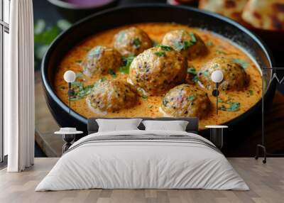 A bowl of delicious Indian meatball curry in a rich and spiced gravy, garnished with cilantro, served as a comforting and hearty dish. Wall mural