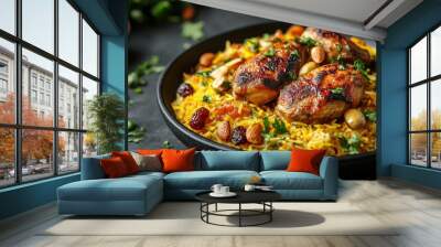 A plate of Arabian chicken mandi, featuring grilled chicken served over spiced rice with raisins and almonds, garnished with fresh herbs. Wall mural