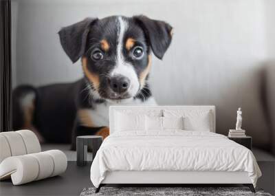 A small black and white puppy lying on a couch, looking curiously at the camera. Wall mural