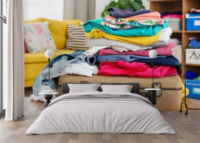 A suitcase packed with colorful clothes is placed on a wooden floor, with vibrant textiles spilling over. Wall mural