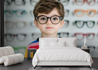 A young boy wearing glasses stands in front of a wall of different eyeglass frames, symbolizing children's eyewear and vision care. Wall mural