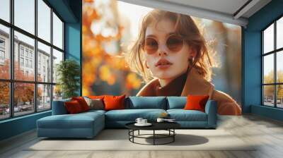 A young woman in trendy sunglasses enjoying the warm autumn sunlight. Wall mural