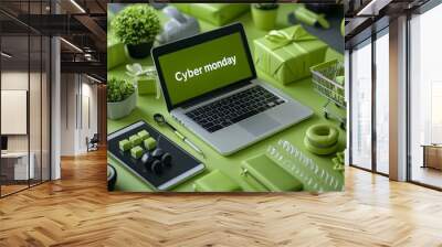 An arrangement of Cyber Monday shopping essentials in a green-themed setting, featuring a laptop, tablet, gifts, and miniature shopping cart, emphasizing online shopping deals. Wall mural