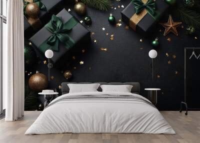 Beautifully wrapped dark green and black Christmas presents with golden stars and ornaments, surrounded by glittering confetti, creating an elegant and festive holiday scene. Wall mural