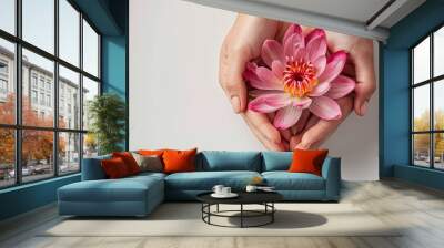 Close-up pink water lily or lotus flower with on white background. Happy Vesak - Buddha birthday, copy space Wall mural